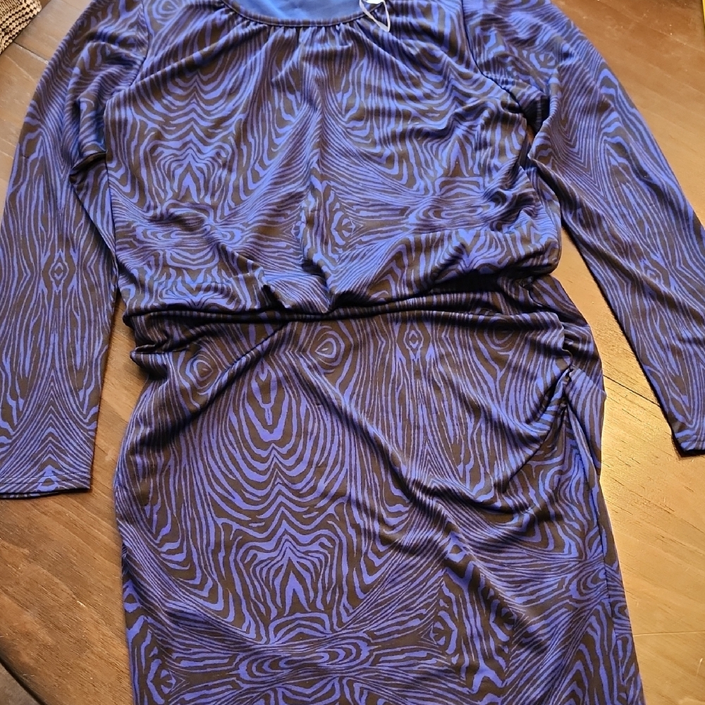 Elegant Blue Patterned Midi Dress Sz LG